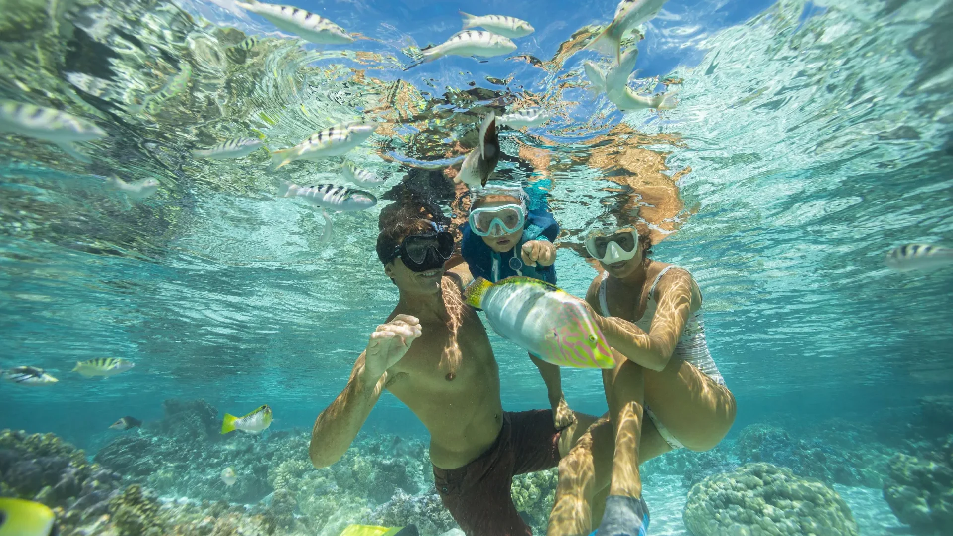 Family diving in Taha'a lagoon © Grégoire Le Bacon